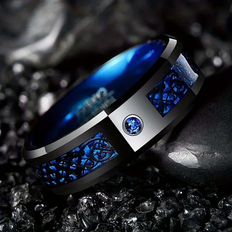Tungsten Ring - Black Dragon Pattern Blue Carbon Fiber