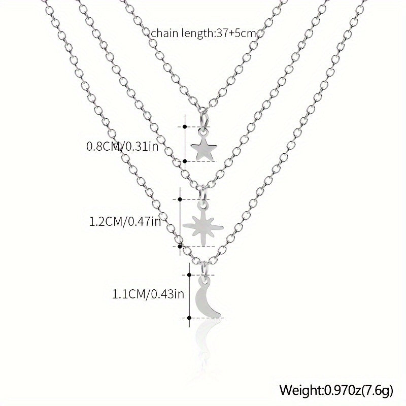 Multilayer Alloy Star Pendant Moon Stacking Necklace Silver Color Jewelry For Women