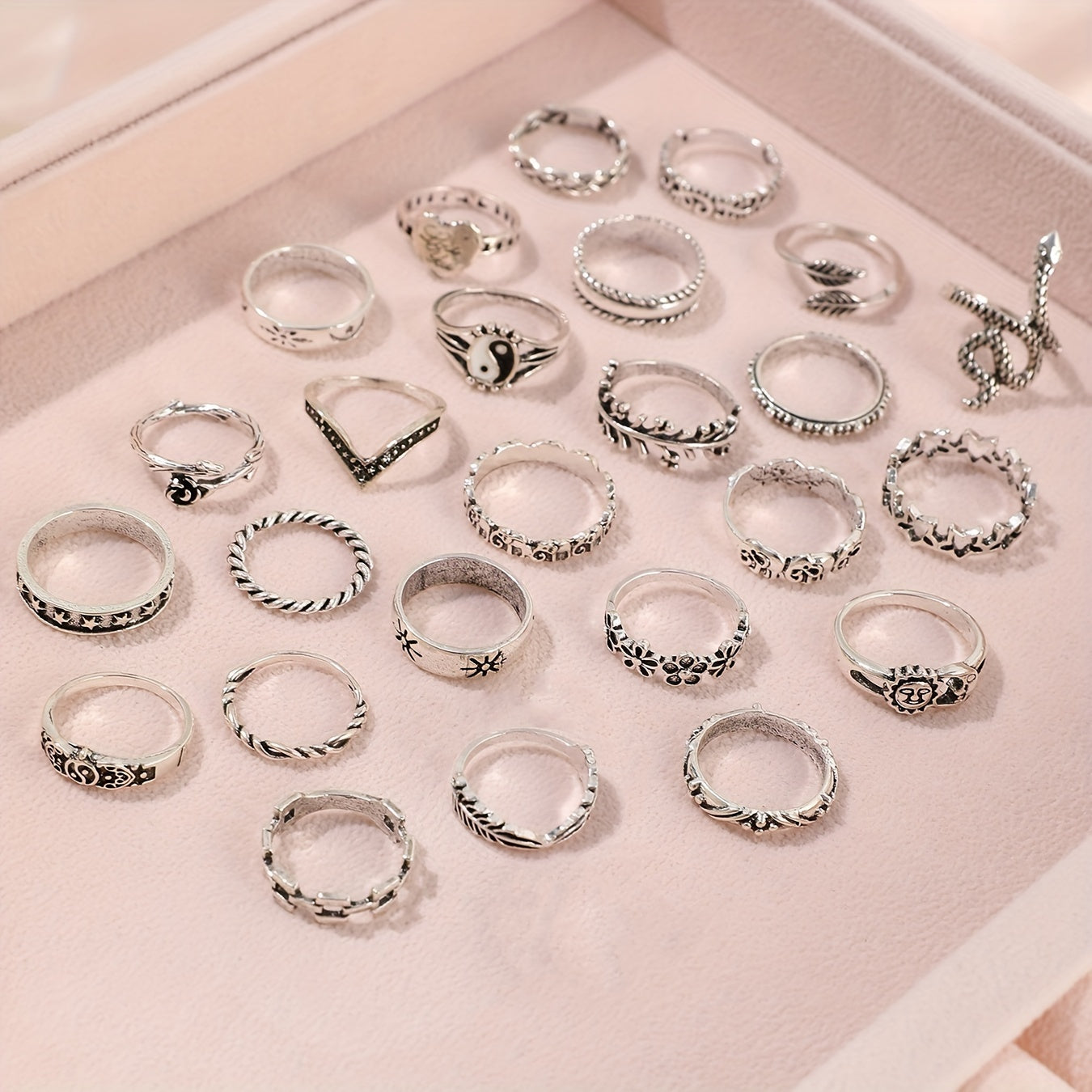 Vintage Stacking Rings - Set of 25, Retro Snake/Rose/Elephant Designs