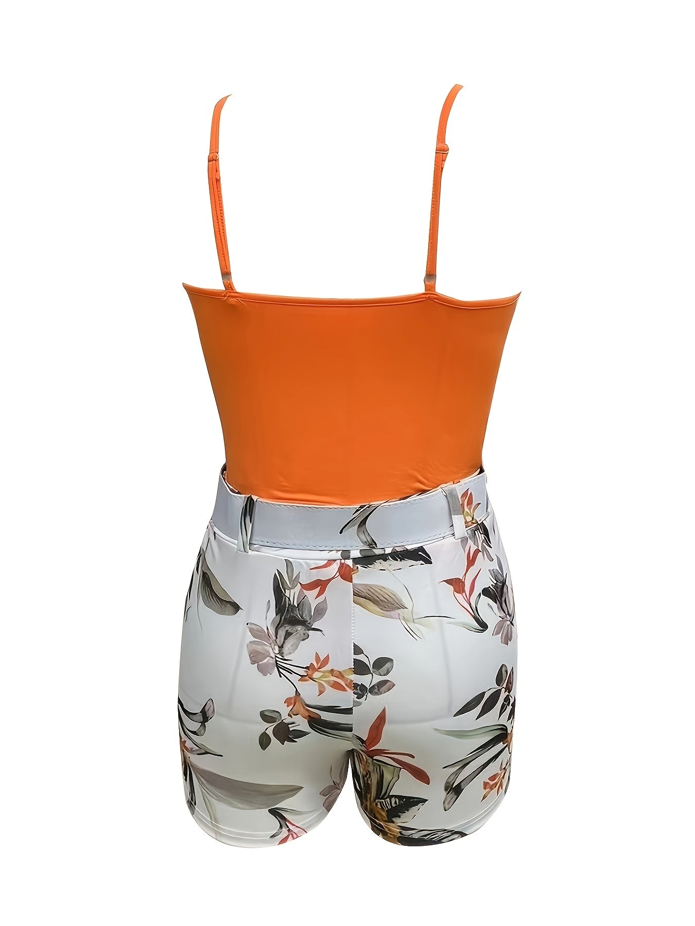 Stylish Two-Piece Women's Casual Set - Surplice Neck Cami Top and Floral Print Belt Shorts Outfit