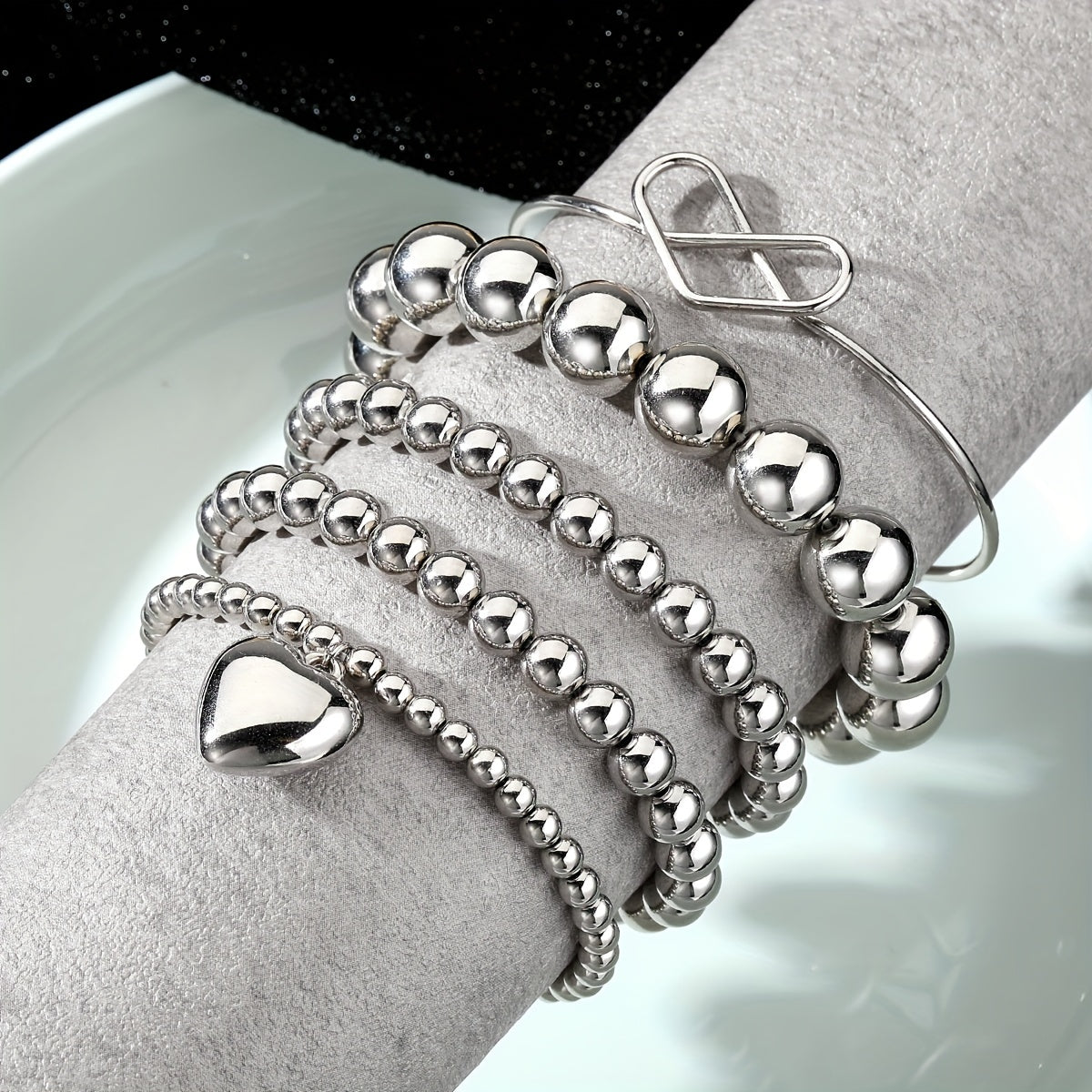 Exaggerated Hip Hop Style Heart Round Beads Bracelet Set with 5pcs