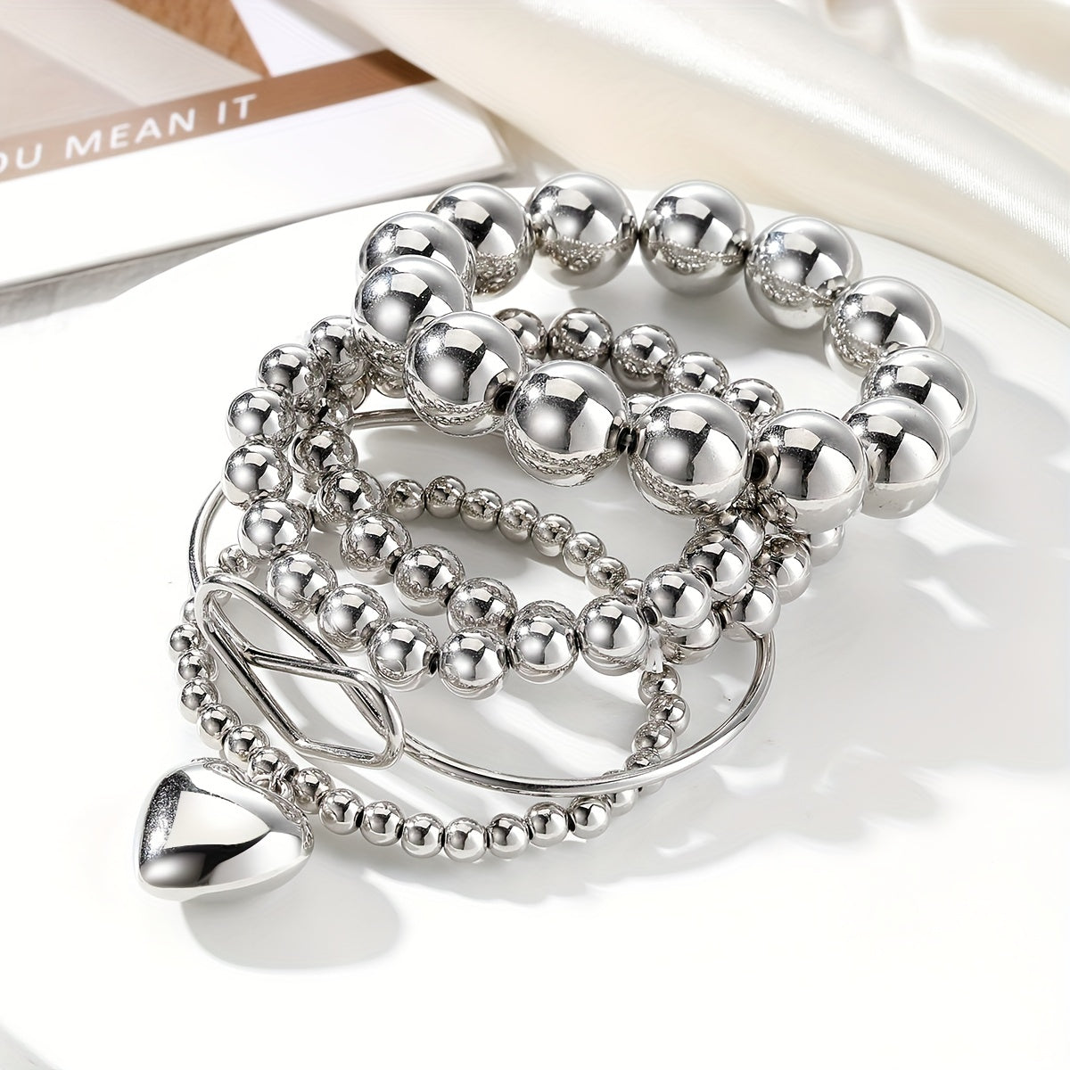 Exaggerated Hip Hop Style Heart Round Beads Bracelet Set with 5pcs