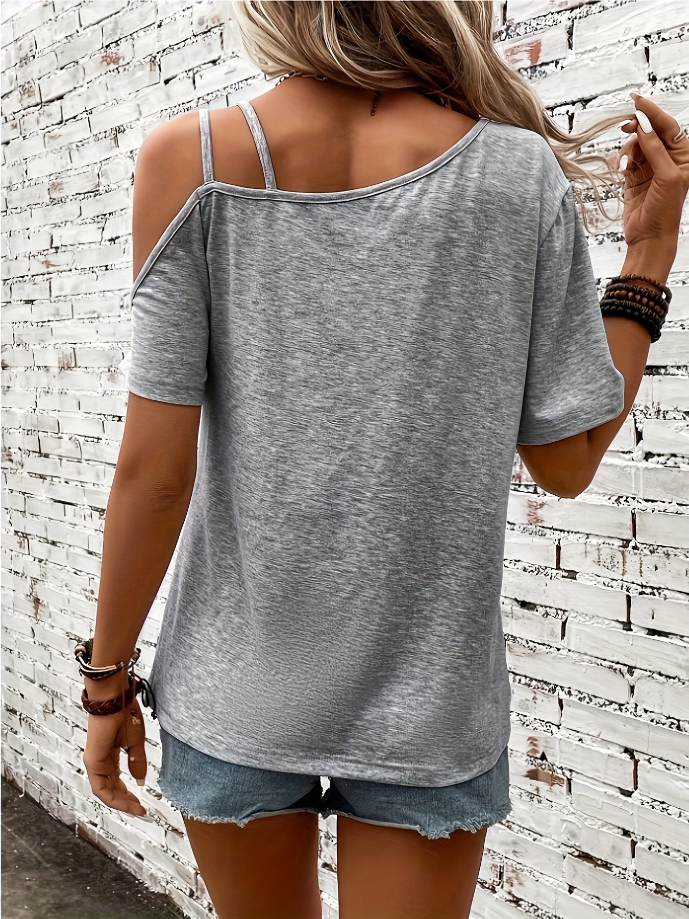 Heart Print One Shoulder T-shirt for Women, Elegant Short Sleeve Top