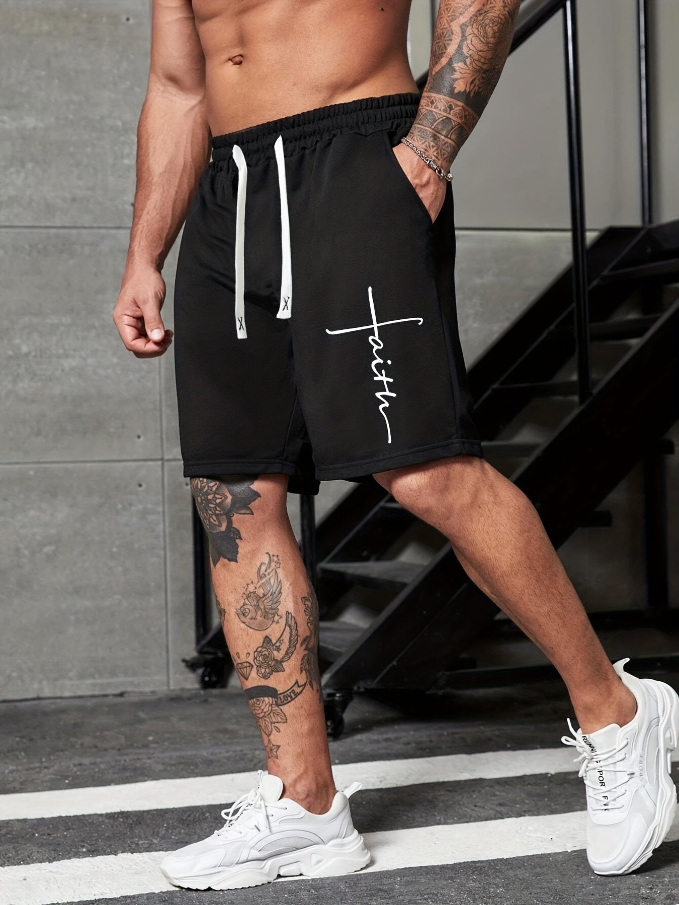 Men's Faith Print Drawstring Shorts with Adjustable Waistband for Comfortable Casual Wear