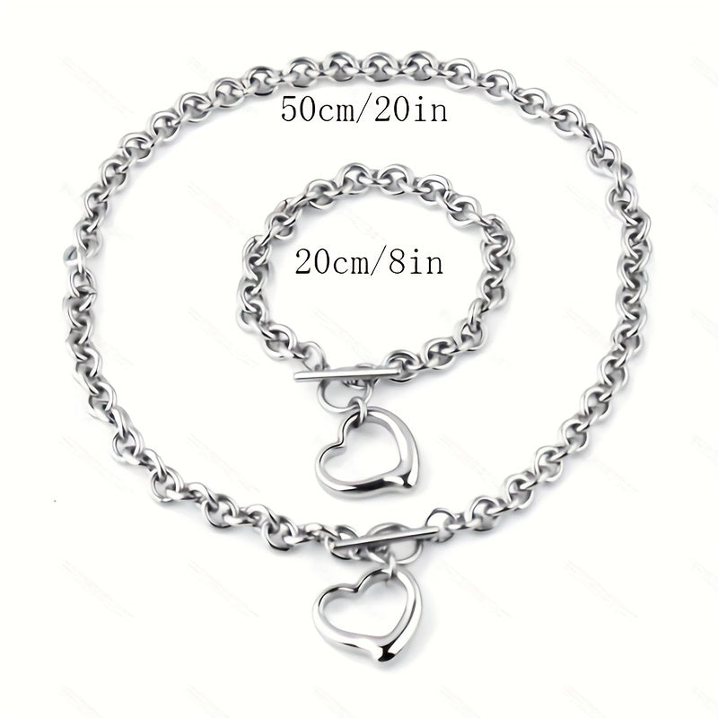 Stainless Steel Hollow Heart Necklace & Bracelet Set - Titanium Steel