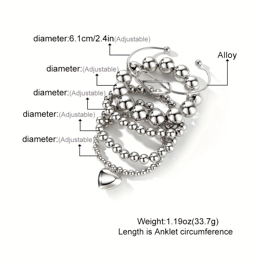 Exaggerated Hip Hop Style Heart Round Beads Bracelet Set with 5pcs