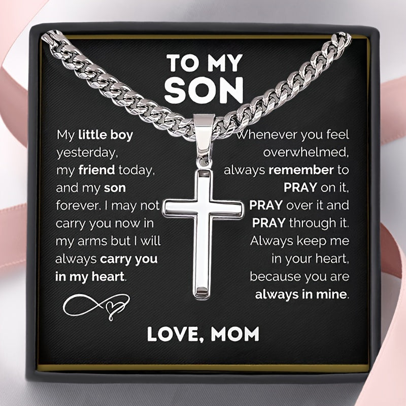 "To My Son" Cross Pendant Necklace - Stainless Steel Cuban Chain Jewelry - Includes Card and Gift Box Packaging