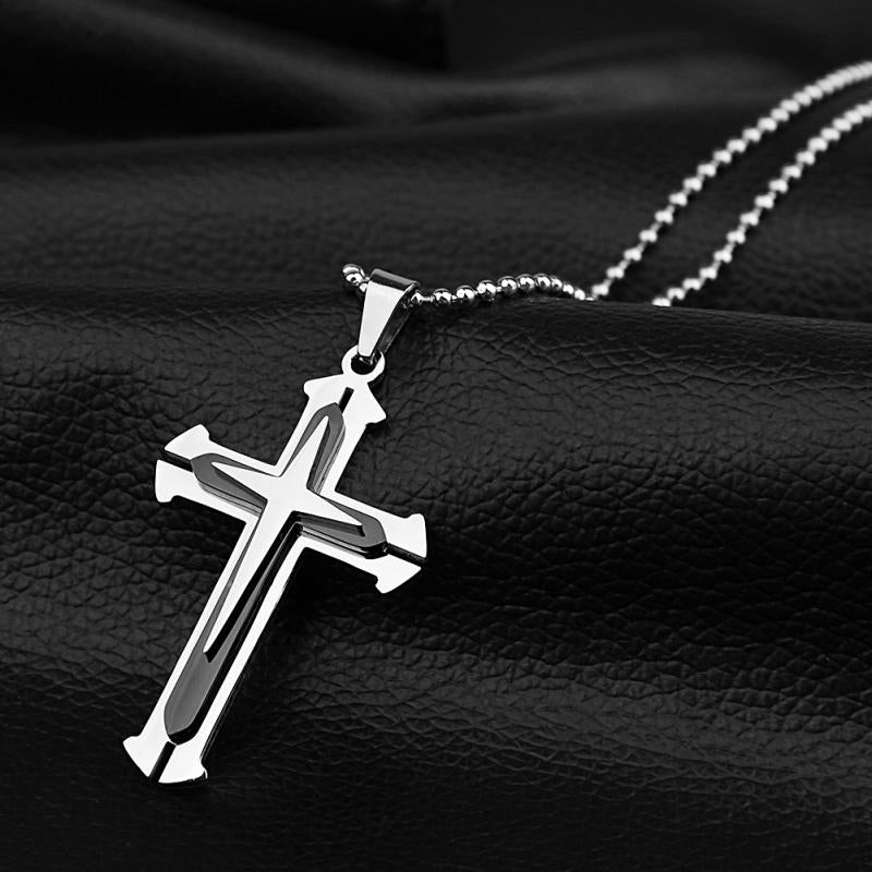 Men's Fashion Titanium Steel Cross Pendant Necklace with Multilayer Zircon - Domineering Style