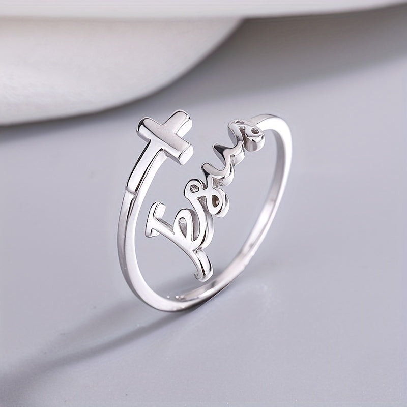 Trendy Cross 'Jesus' Design Adjustable Sterling Silver Ring