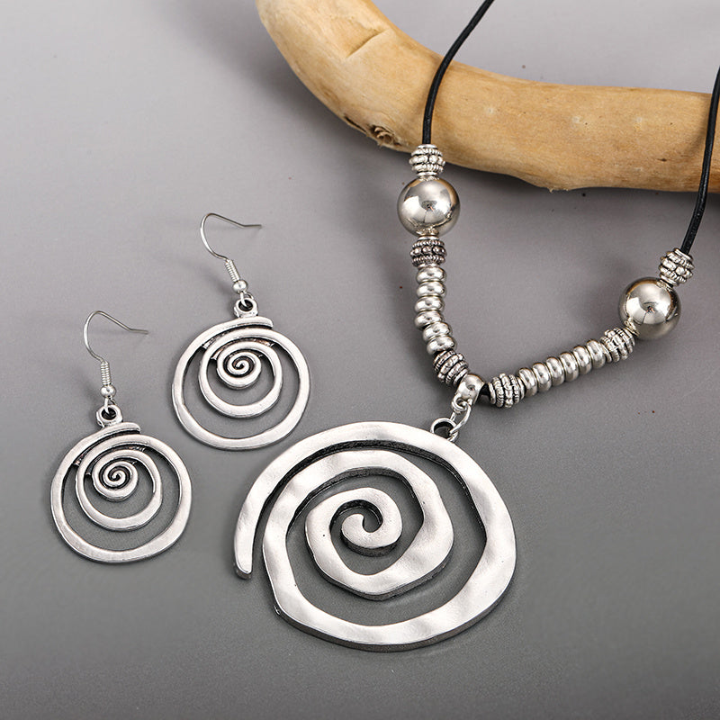 Boho Style Retro Spiral Design Jewelry Set - 1 Pair of Earrings + 1 Necklace