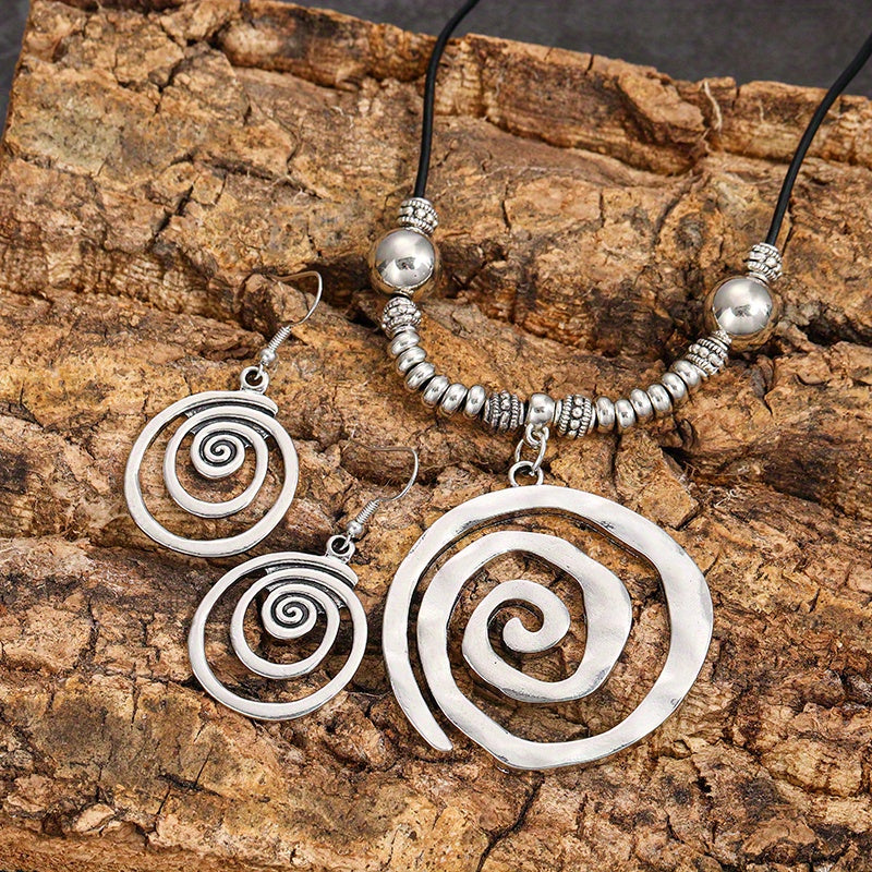 Boho Style Retro Spiral Design Jewelry Set - 1 Pair of Earrings + 1 Necklace