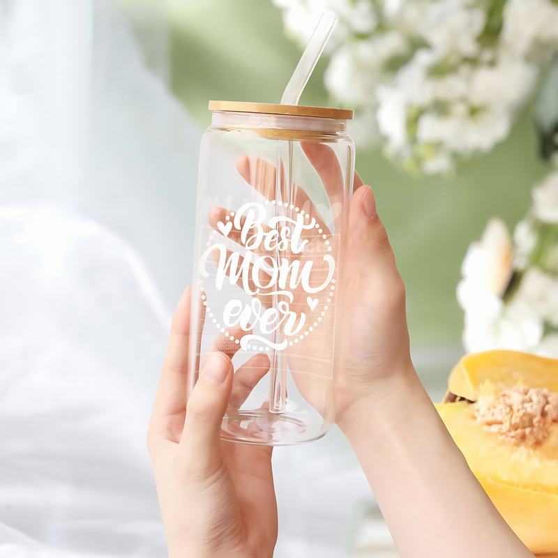 Mama Glass Cup with Bamboo Lid and Straw