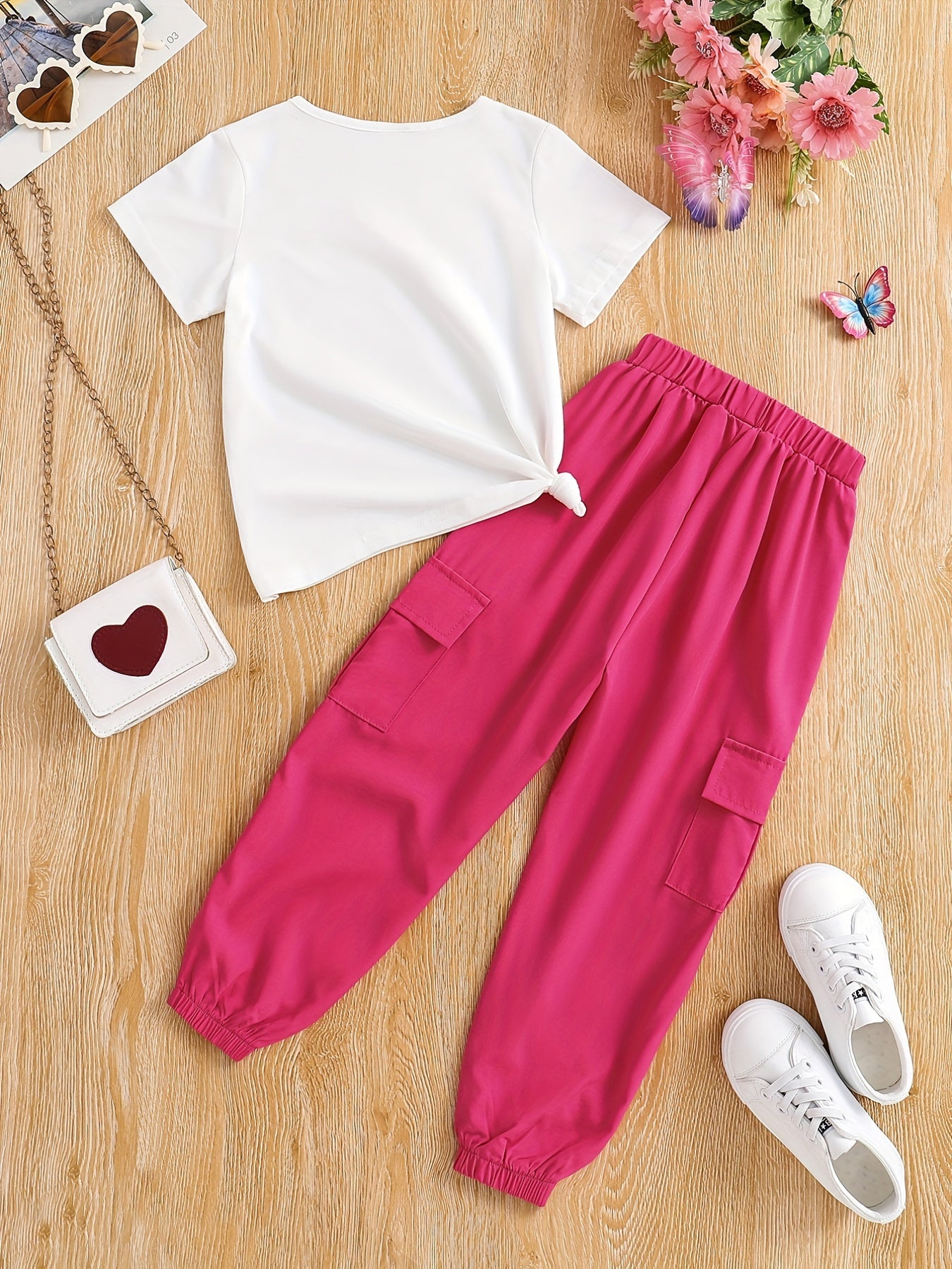2pcs Toddler Girls Floral T-Shirt and Cargo Pants Set