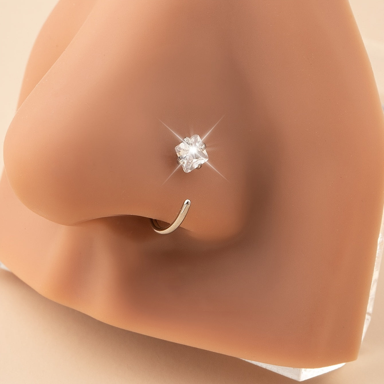 Simple Style C-Shaped Nose Ring with White Zircon Inlay - Stainless Steel Body Piercing Jewelry (1pc)