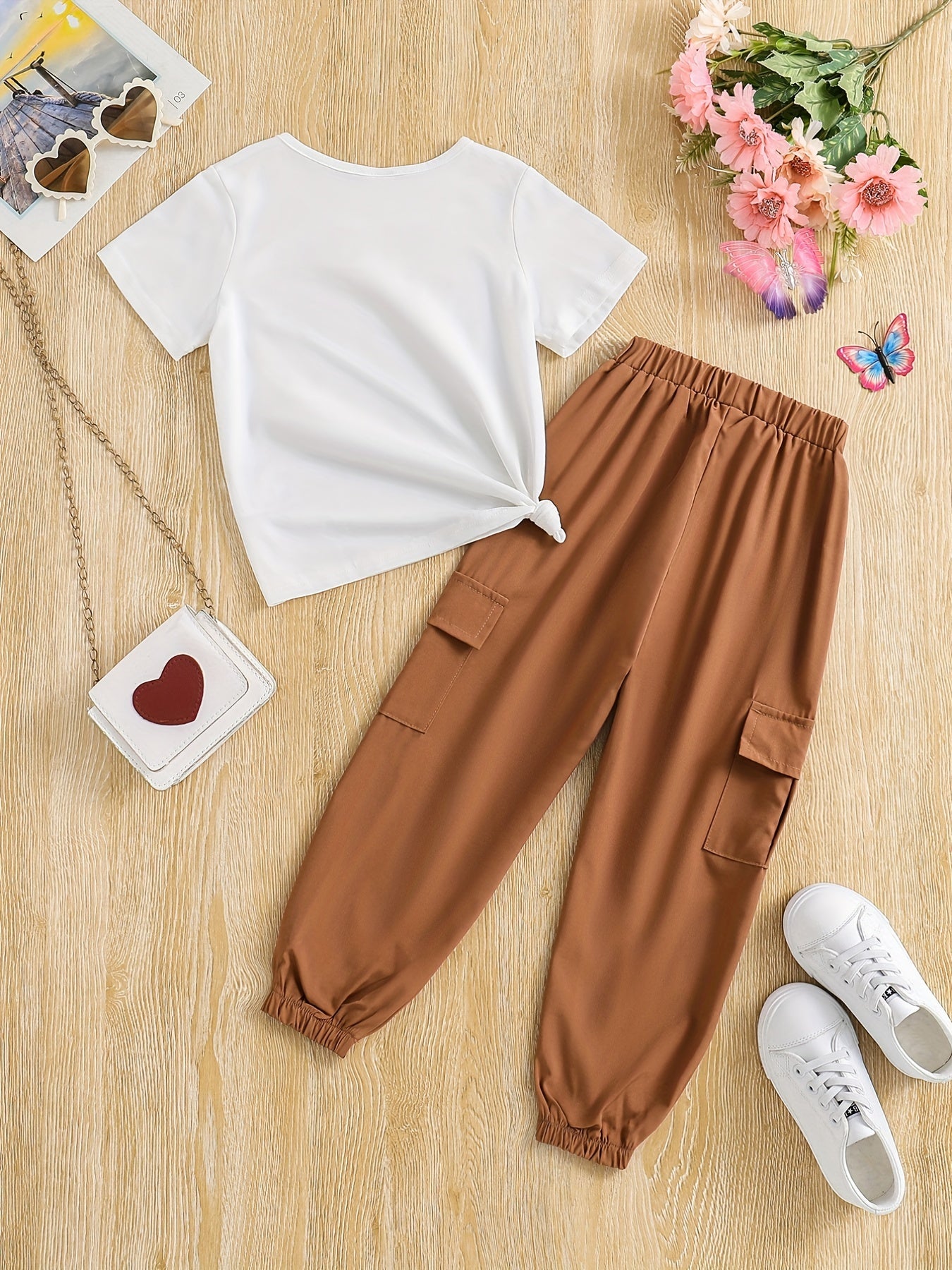 2pcs Toddler Girls Floral T-Shirt and Cargo Pants Set