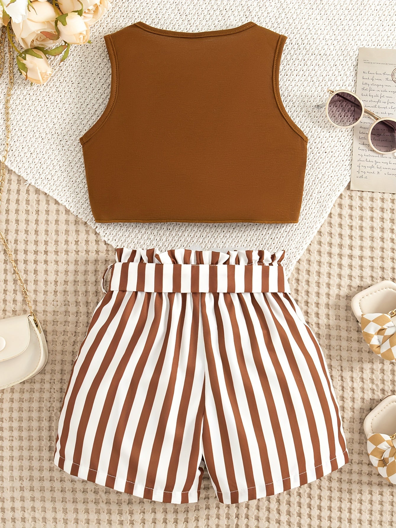 Girls 2-Piece Sleeveless Top and Striped Shorts Set with Bow Belt