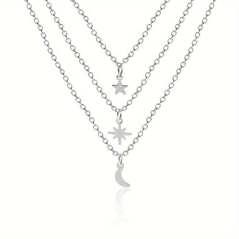 Multilayer Alloy Star Pendant Moon Stacking Necklace Silver Color Jewelry For Women