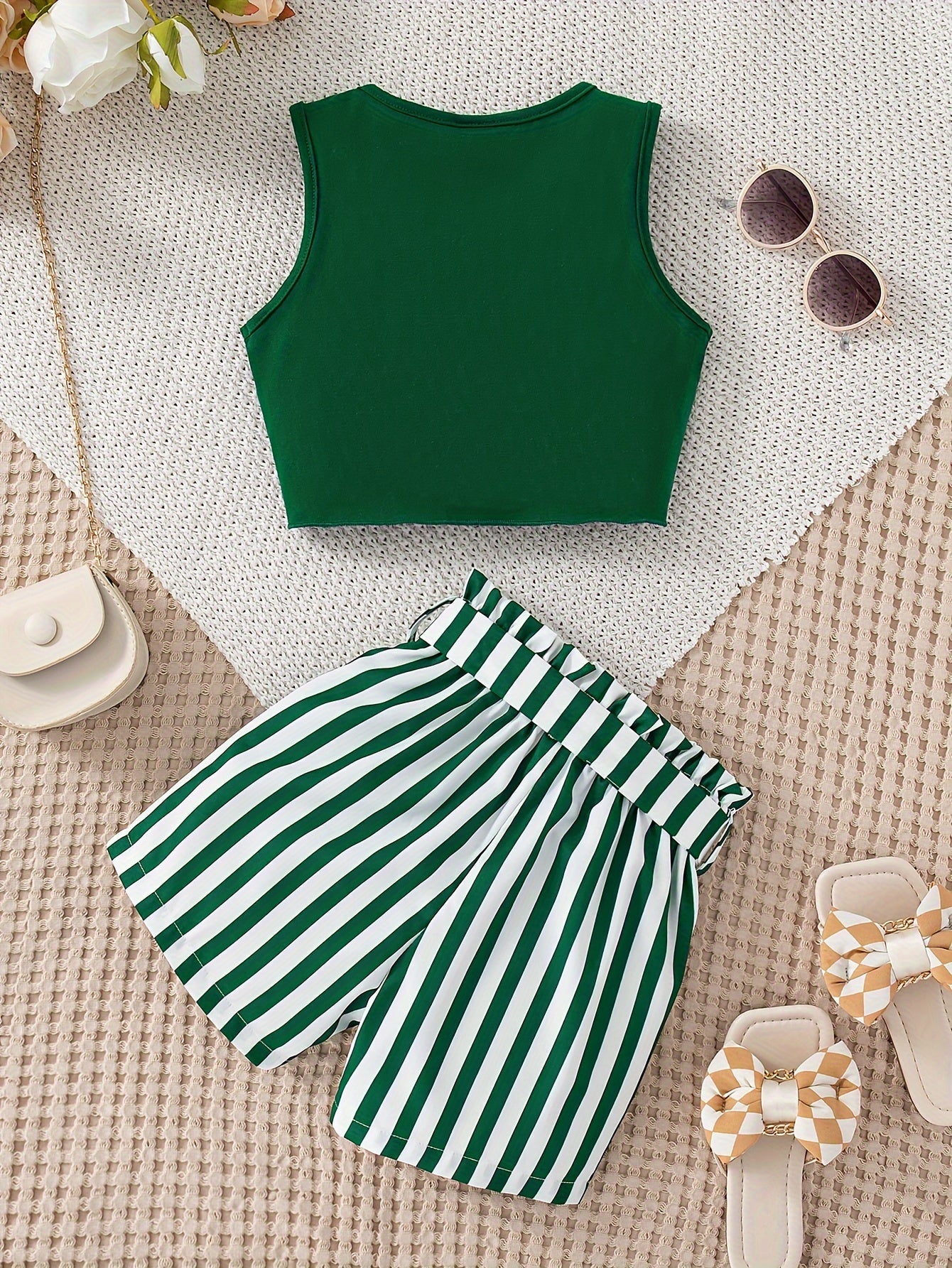 Girls 2-Piece Sleeveless Top and Striped Shorts Set with Bow Belt