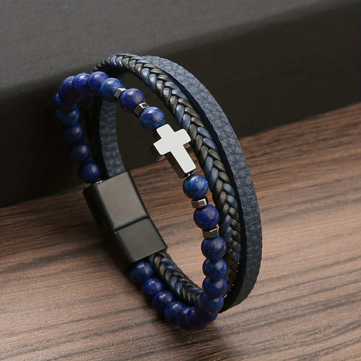 Men's Obsidian Volcanic Stone Multi-Layer Bracelet with Stainless Steel Cross, Natural Stone Layered Bracelet with Simple Design