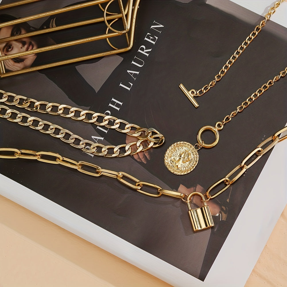 Multilayer Necklace with Cuban Chain, Paperclip Chain, Round Shape Portrait Pendant, and OT Buckle