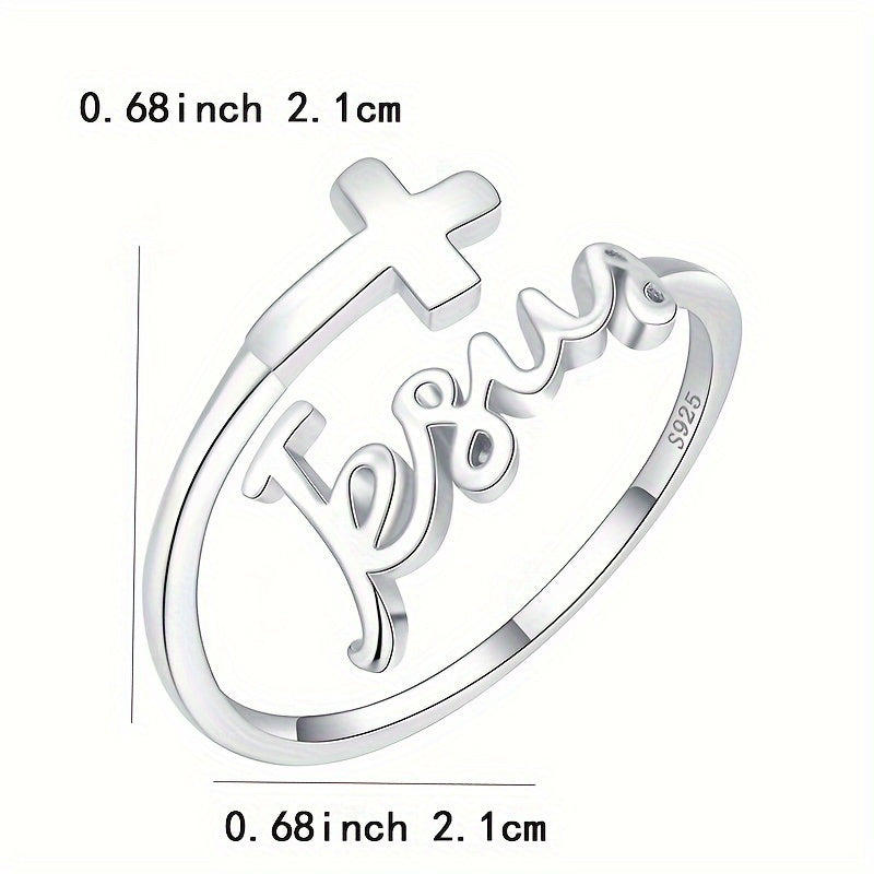 Trendy Cross 'Jesus' Design Adjustable Sterling Silver Ring