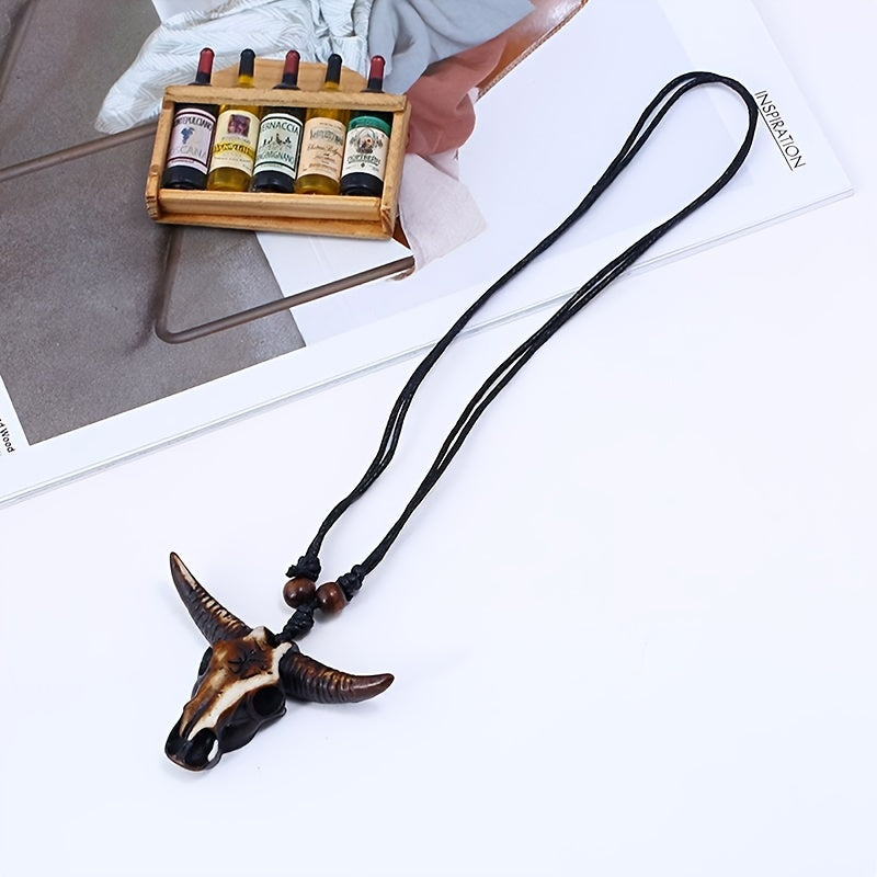 Stylish Hip Hop Ox Bull Head Pendant Necklace with Genuine Leather Rope for Men