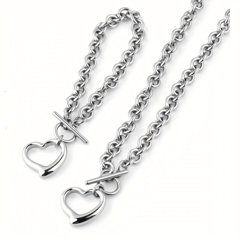 Stainless Steel Hollow Heart Necklace & Bracelet Set - Titanium Steel