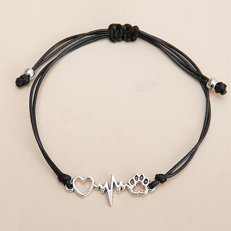 1 Pc Dog Paw & Love Heart Braid Bracelet Adjustable Black Rope