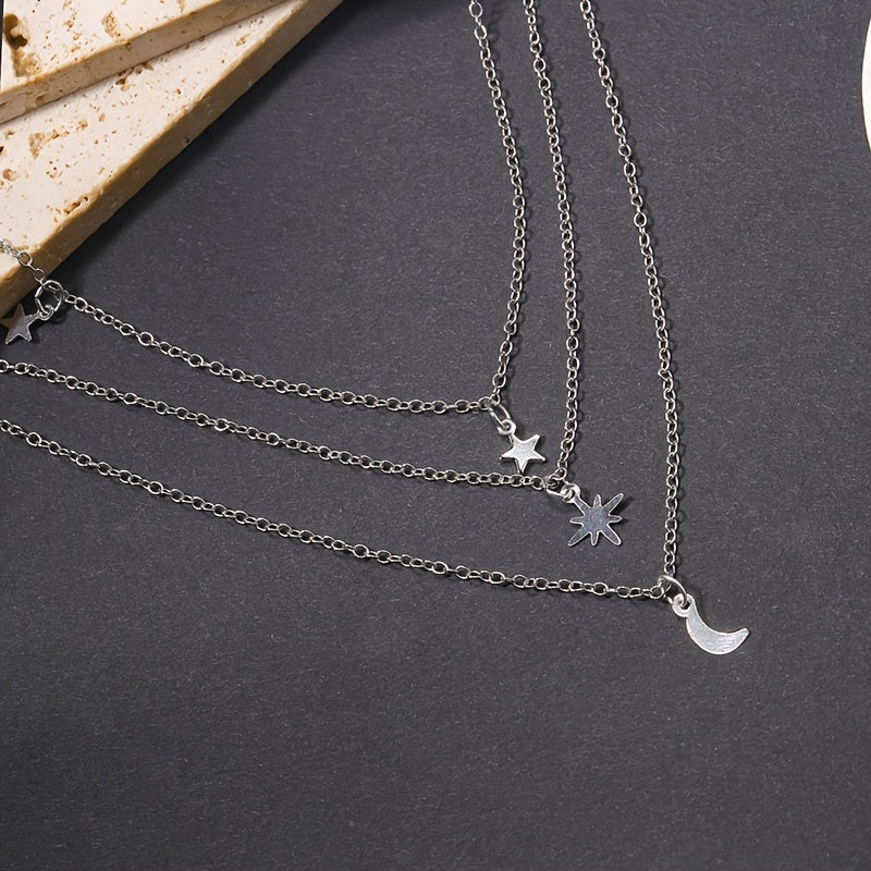 Multilayer Alloy Star Pendant Moon Stacking Necklace Silver Color Jewelry For Women