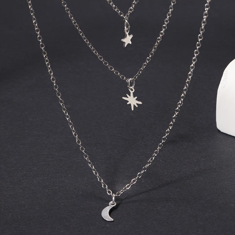 Multilayer Alloy Star Pendant Moon Stacking Necklace Silver Color Jewelry For Women