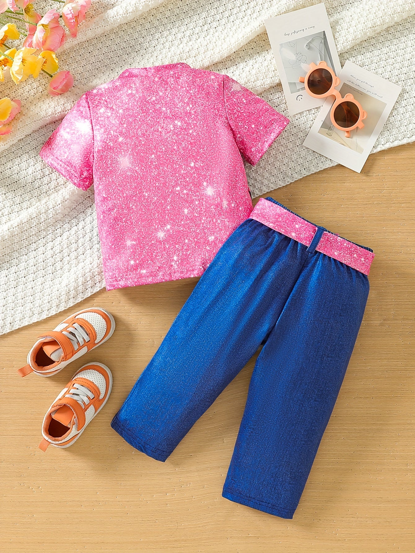 2pcs Trendy Cartoon Girl & Glitter Pattern Set - T-shirt & Imitation Denim Pants