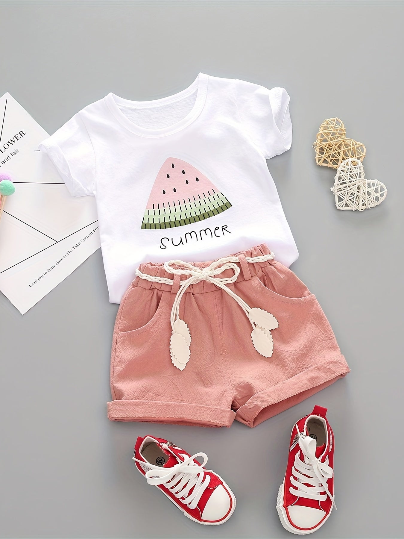 Adorable Watermelon Print Girls' Summer Short-Sleeve T-Shirt and Shorts Set