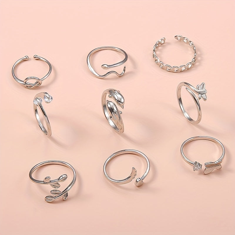 Set of 9 Adjustable Foot Rings in Snake, Butterfly, Dragonfly, Dolphin, Heart, Leaf, and More Shapes