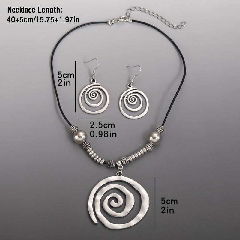 Boho Style Retro Spiral Design Jewelry Set - 1 Pair of Earrings + 1 Necklace