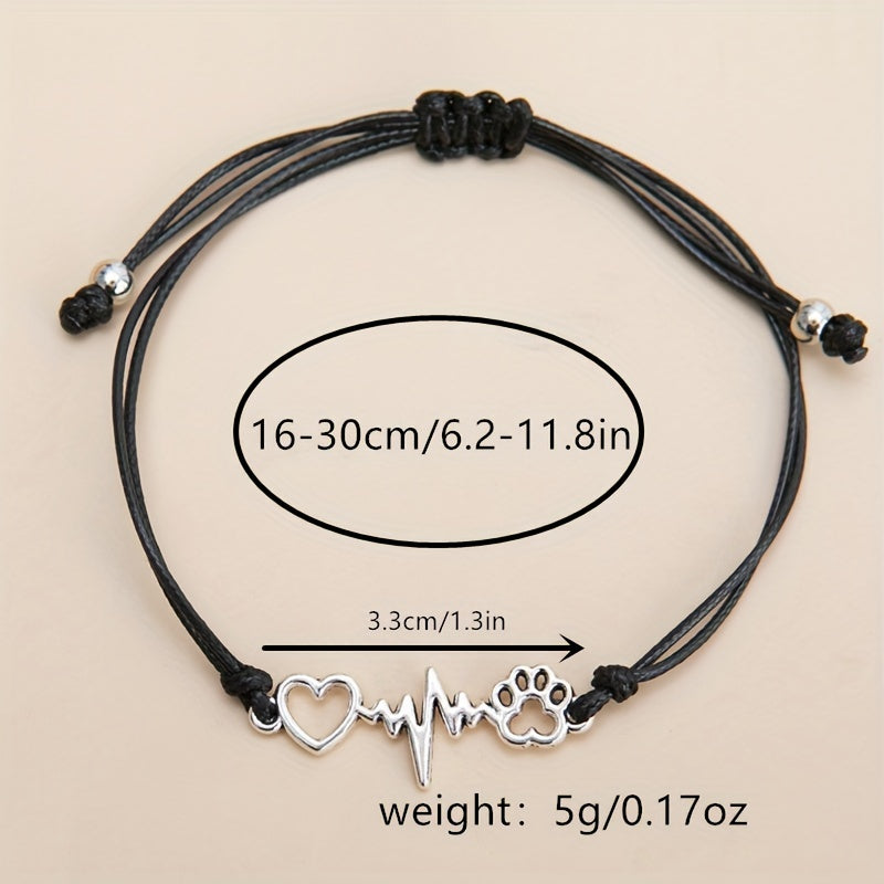 1 Pc Dog Paw & Love Heart Braid Bracelet Adjustable Black Rope