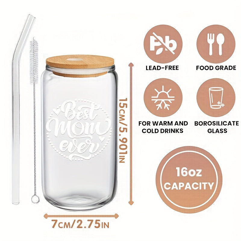 Mama Glass Cup with Bamboo Lid and Straw