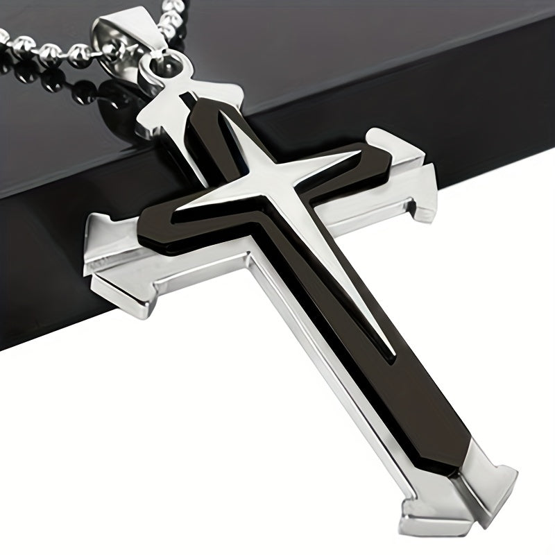 Men's Fashion Titanium Steel Cross Pendant Necklace with Multilayer Zircon - Domineering Style