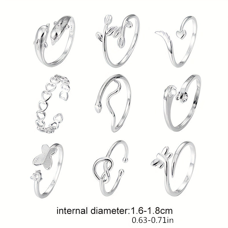 Set of 9 Adjustable Foot Rings in Snake, Butterfly, Dragonfly, Dolphin, Heart, Leaf, and More Shapes
