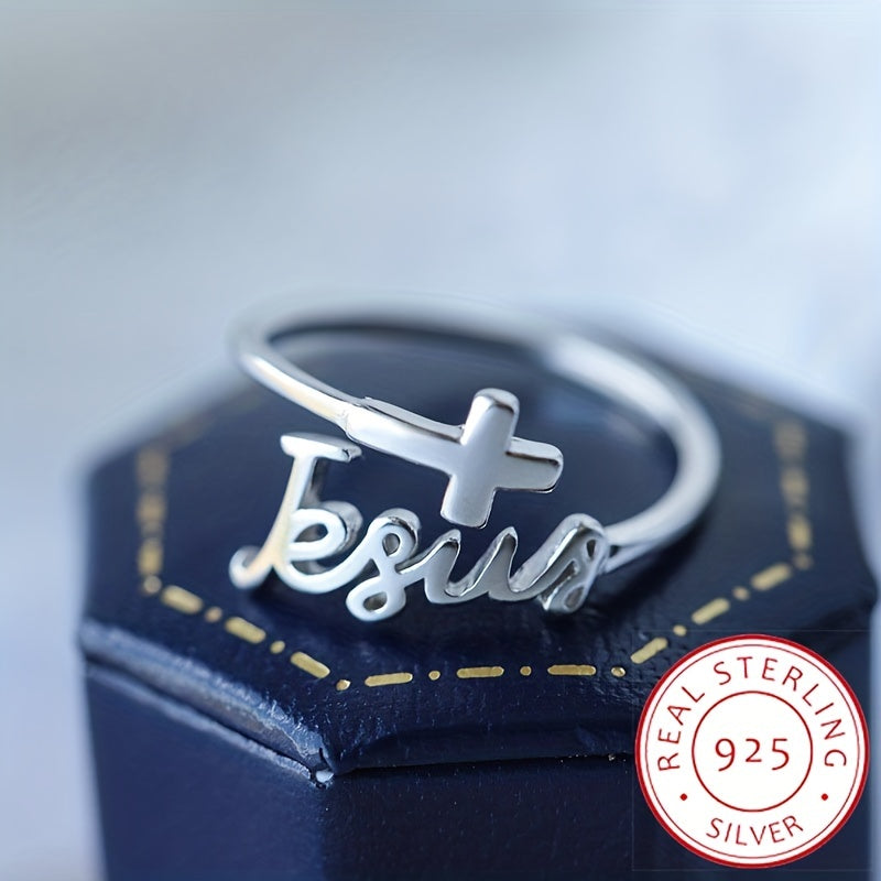 Trendy Cross 'Jesus' Design Adjustable Sterling Silver Ring