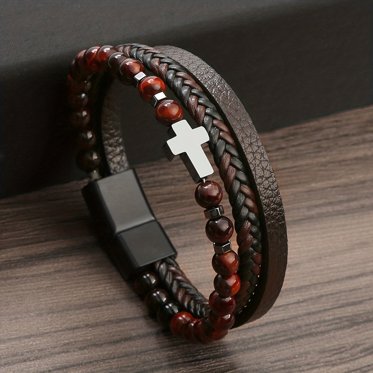 Men's Obsidian Volcanic Stone Multi-Layer Bracelet with Stainless Steel Cross, Natural Stone Layered Bracelet with Simple Design