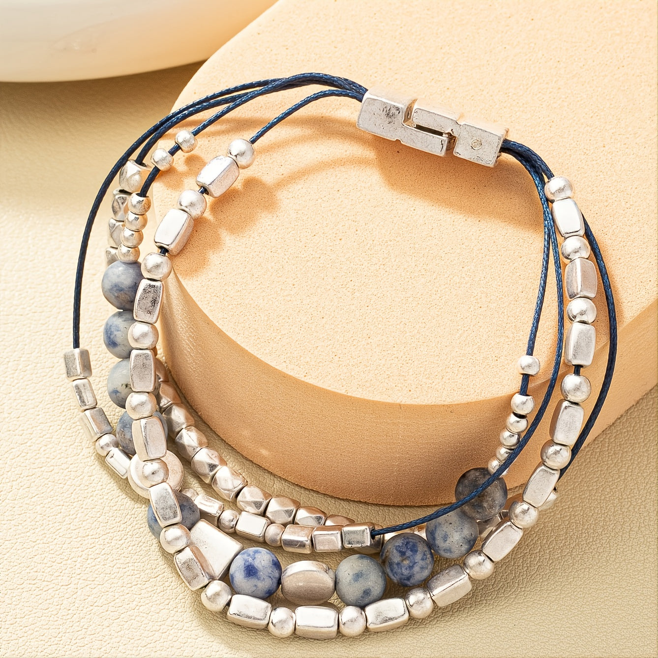 Elegant Silver Beaded Lapis Lazuli Magnetic Bracelet