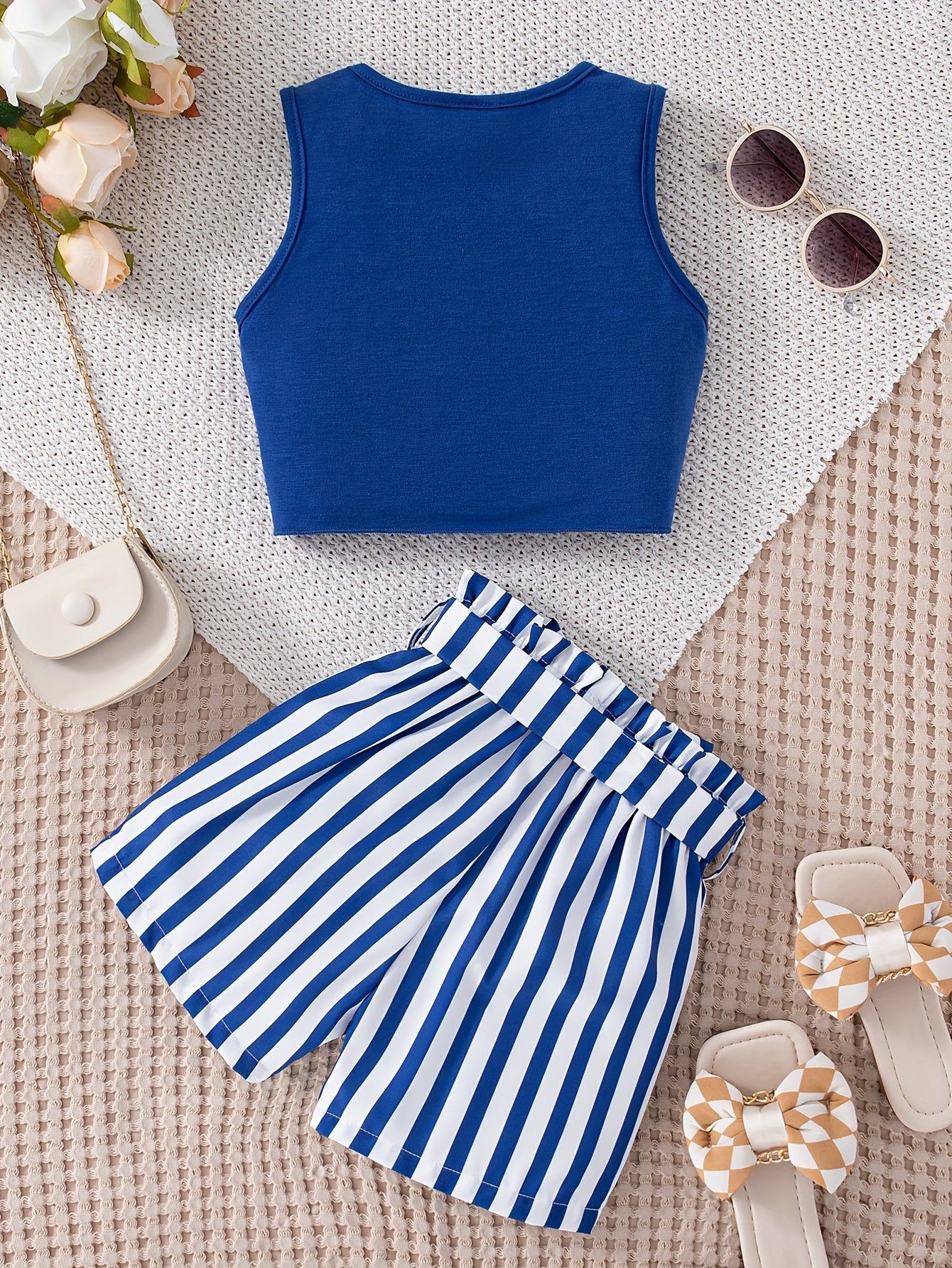 Girls 2-Piece Sleeveless Top and Striped Shorts Set with Bow Belt