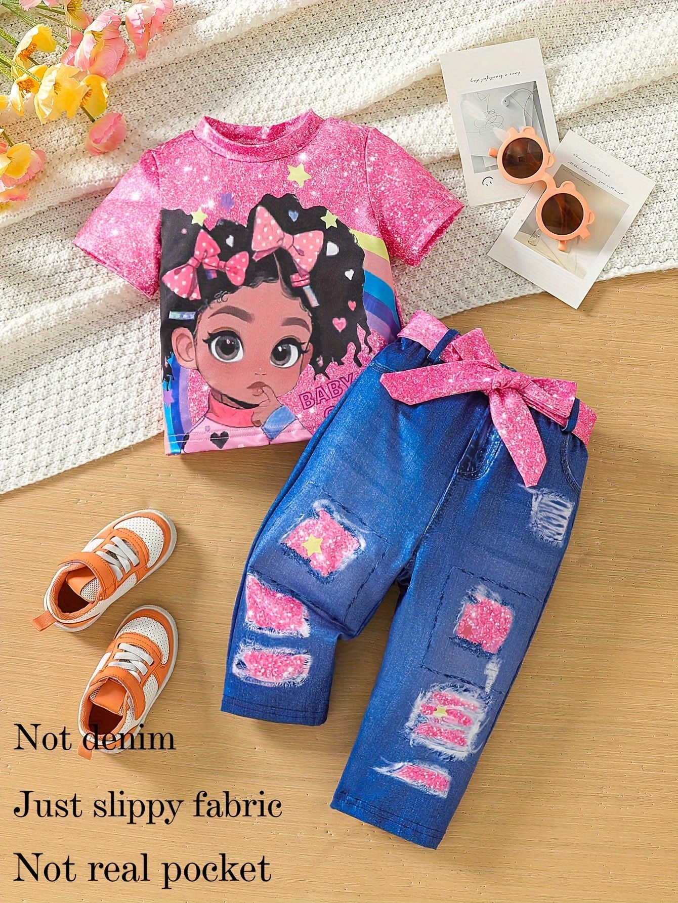 2pcs Trendy Cartoon Girl & Glitter Pattern Set - T-shirt & Imitation Denim Pants