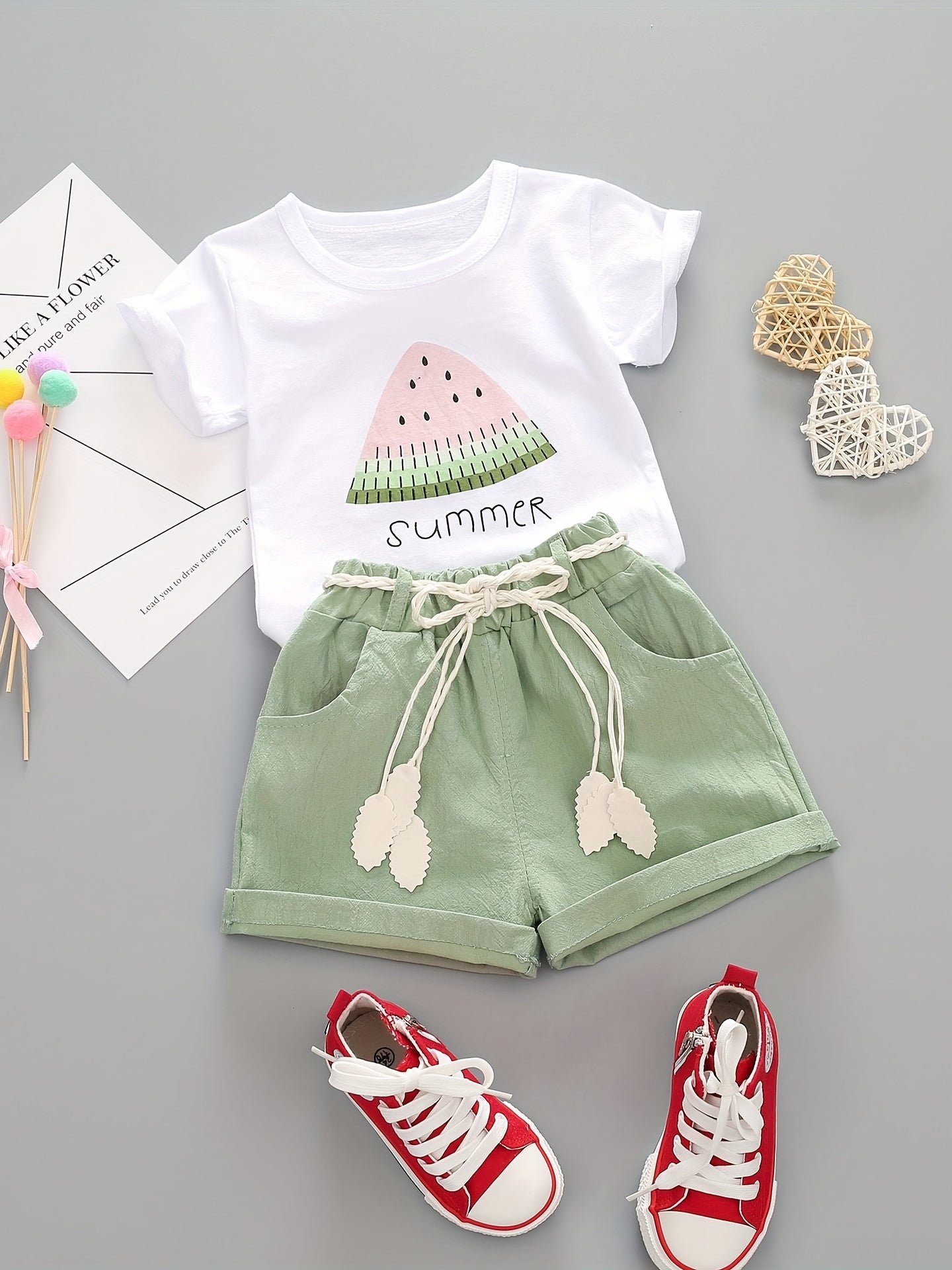 Adorable Watermelon Print Girls' Summer Short-Sleeve T-Shirt and Shorts Set