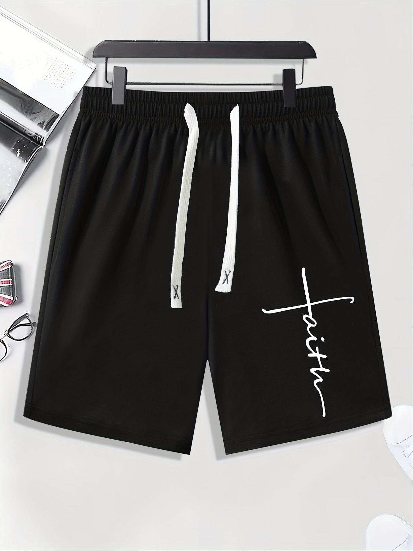 Men's Faith Print Drawstring Shorts with Adjustable Waistband for Comfortable Casual Wear