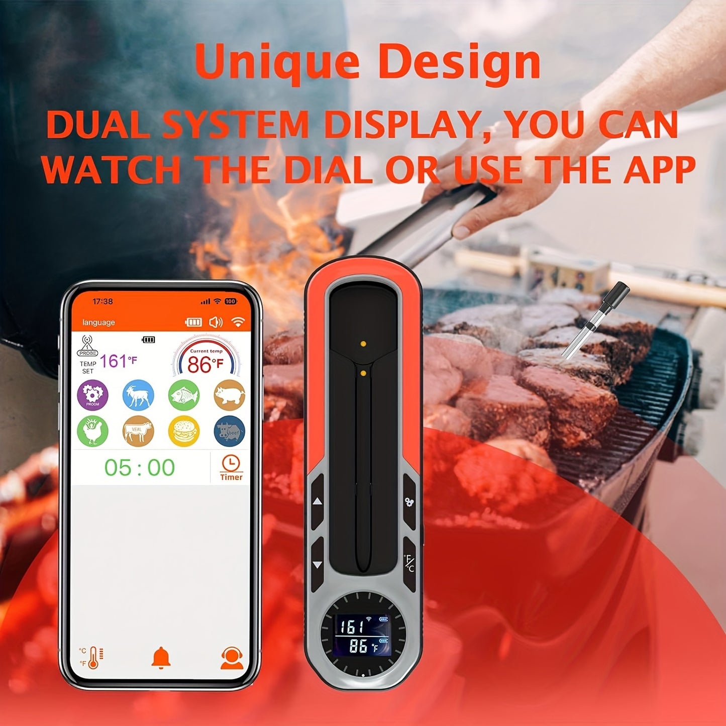 Smart Wireless Meat Thermometer: 500Ft Remote Range, BBQ Grill, iOS & Android App