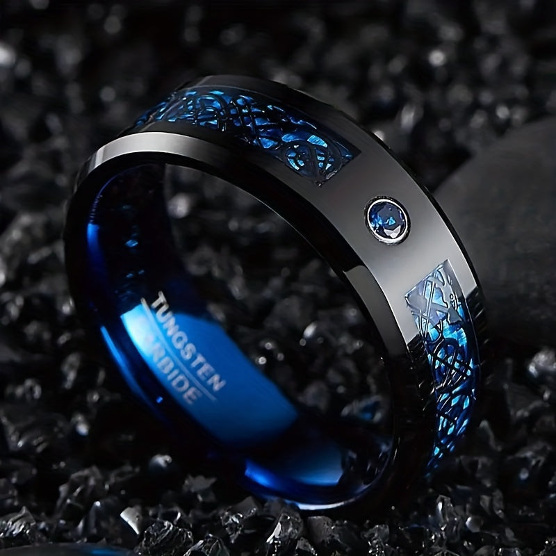 Tungsten Ring - Black Dragon Pattern Blue Carbon Fiber
