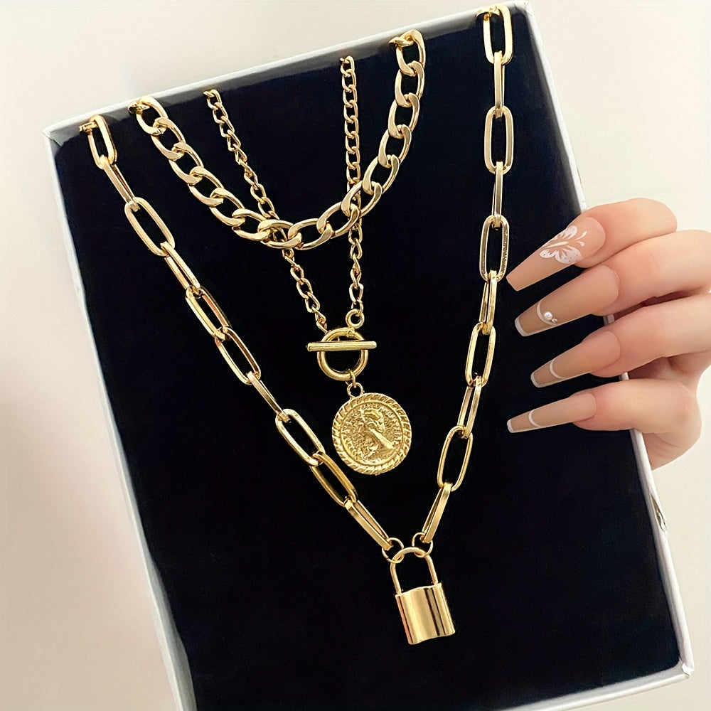 Multilayer Necklace with Cuban Chain, Paperclip Chain, Round Shape Portrait Pendant, and OT Buckle