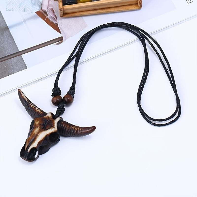 Stylish Hip Hop Ox Bull Head Pendant Necklace with Genuine Leather Rope for Men