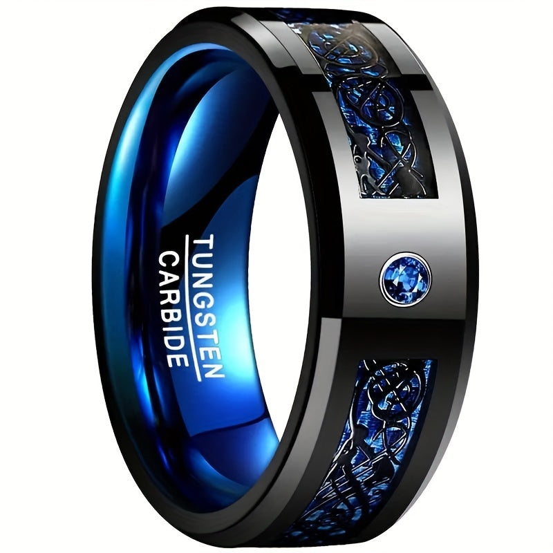 Tungsten Ring - Black Dragon Pattern Blue Carbon Fiber